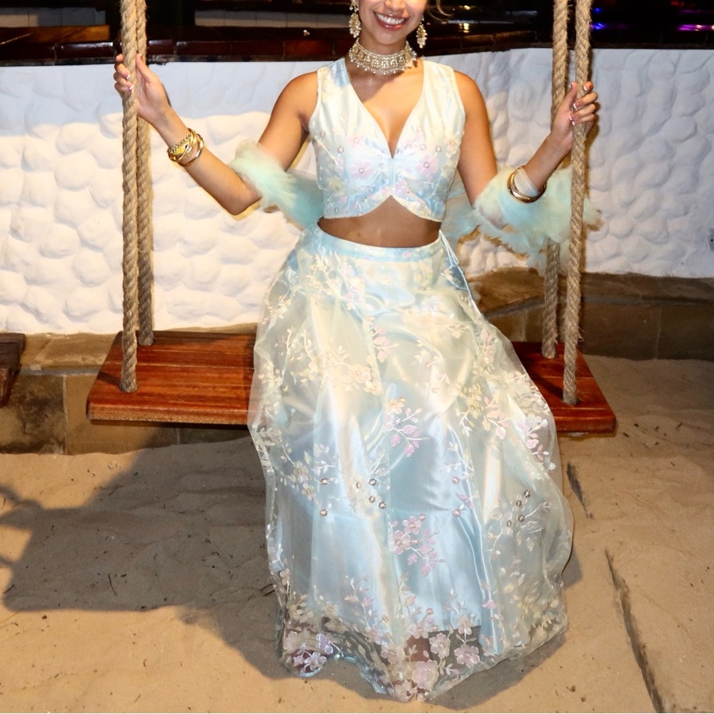 Chic Light Blue Embroidered Lehenga